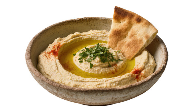 Creamy hummus with olive oil parsley, paprika and pita bread in rustic bowl