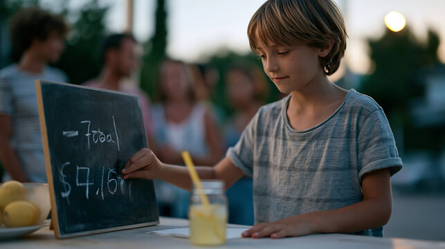 A boy calculates lemonade profits on a chalkboard mounted to his stand, erasing one total and writing a larger one as customers queue behind a twilight blue hour sky turning amber