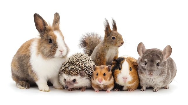 Group of small pet animals together on white background