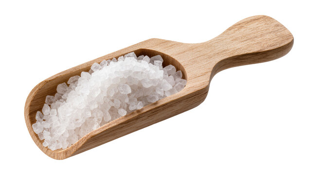 Wooden scoop filled with coarse sea salt crystals