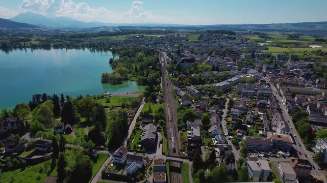 Aerial view around the old town of the city Cham, switzerland on a sunny spring morning
