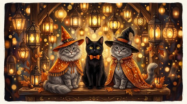 Three cats in halloween costumes with orange capes and witch hats kitten feline animal