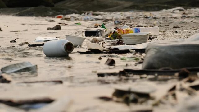 Plastic waste and plastic cups are washed up onto the beach by the sea. This highlights the concept of environmental problems and maintaining cleanliness.