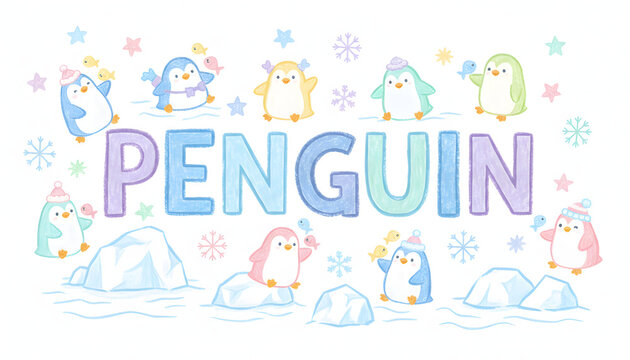 Cute illustration Crayon Draw of penguins with the word penguin in colorful letters and snowflakes