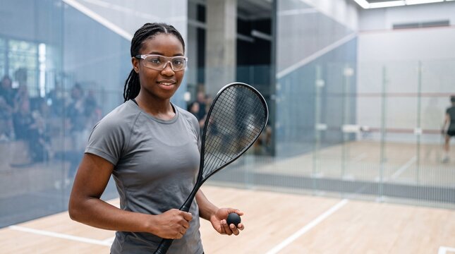 Confident young Black female squash player holding a racket and ball on an indoor court, wearing protective eyewear and athletic gear