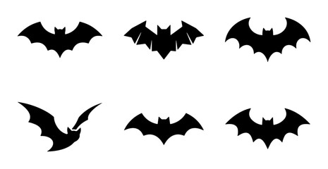 Fototapeta premium Six Black Bat Silhouettes, Halloween Vector Icons, Spooky Flying Mammal Graphics