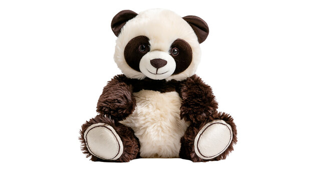 Fluffy plush panda toy with dark brown fur accents, isolated on transparent background