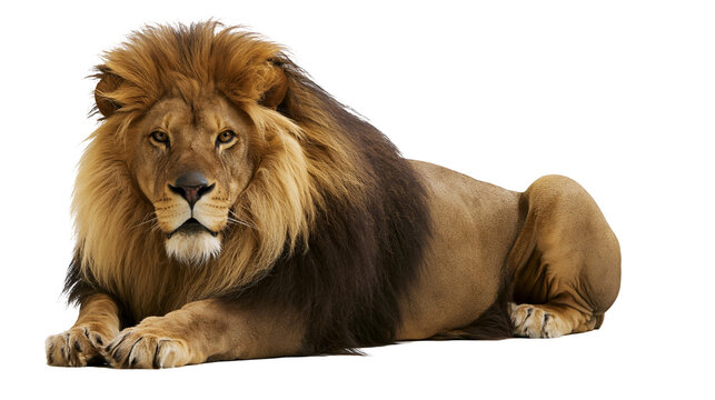 Majestic male lion with full mane resting, isolated on transparent background