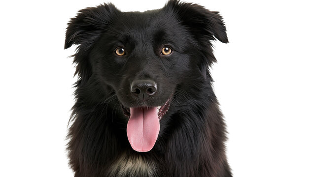 Black fluffy dog with tongue out, isolated on transparent background