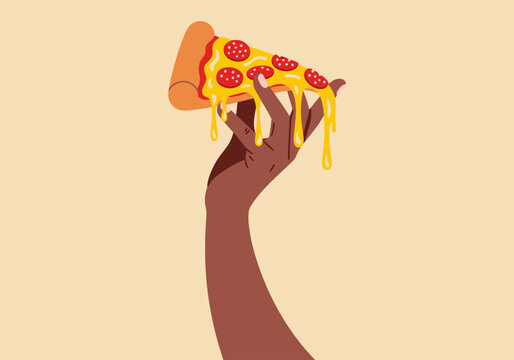 Hand holding delicious pepperoni pizza slice vector illustration design for food menu background 26