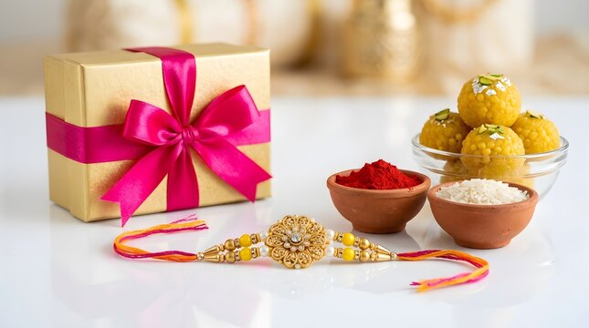Raksha bandhan celebration gift sweets and traditional rakhi bracelet