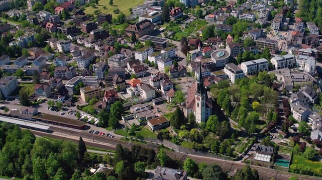 Aerial view around the old town of the city Cham, switzerland on a sunny spring morning