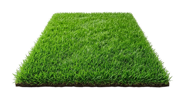 A rectangular patch of lush green artificial turf or natural grass sod isolated on transparent background