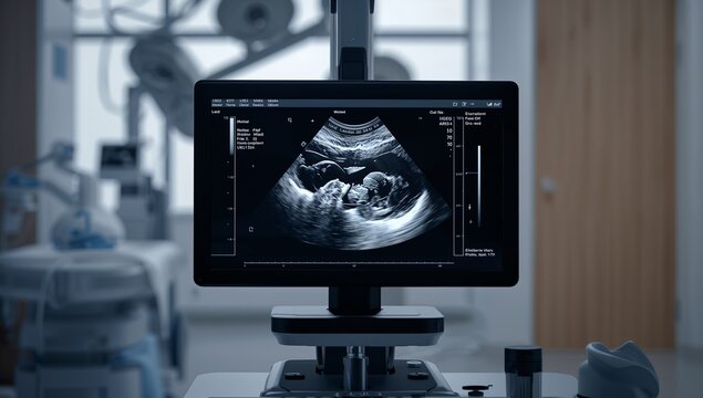 Ultrasound monitor displaying a fetal scan in a modern medical examination room, representing prenatal diagnostics, obstetric healthcare, and advanced medical imaging technology.