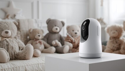 Smart home security camera in a bright nursery with teddy bears in the background, representing baby monitoring, home surveillance, child safety, and modern smart home technology. © Curioso.Photography