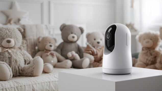 Smart home security camera in a bright nursery with teddy bears in the background, representing baby monitoring, home surveillance, child safety, and modern smart home technology.