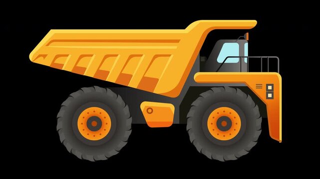 Bright yellow dump truck stands bold against black background. Large wheels and high cab suggest heavy-duty capability. Simple design highlights strength and utility in construction work