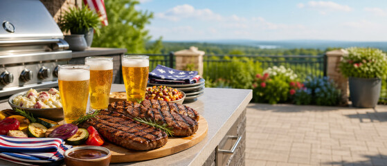 USA independence 250 anniversary barbecue sale banner with grilled steaks, beer glasses, flag themed plates, patio grill, garden terrace, copy space background for holiday advertising promotion © dvoevnore