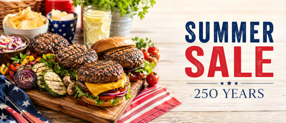 USA independence 250 years summer sale banner with grilled burgers, barbecue steak, vegetables, stars, stripes, lemonade, wood table background, copy space for patriotic food marketing promotion © dvoevnore