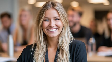 Obraz premium A young woman smiling confidently in a modern office setting with colleagues in the background