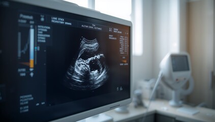 Ultrasound monitor displaying a fetal scan in a modern medical examination room, representing prenatal diagnostics, obstetric healthcare, and advanced medical imaging technology. © Curioso.Photography
