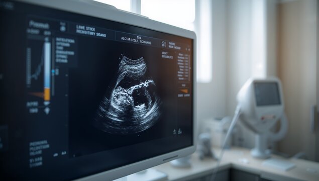 Ultrasound monitor displaying a fetal scan in a modern medical examination room, representing prenatal diagnostics, obstetric healthcare, and advanced medical imaging technology.