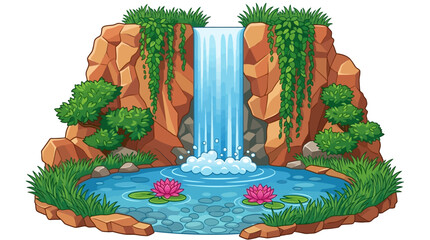 A serene waterfall cascades into a tranquil pond surrounded by lush greenery and vibrant flowers in a natural landscape. © John