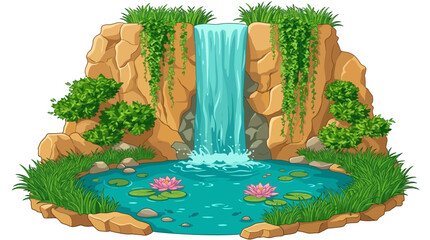 A serene waterfall cascades into a tranquil pond surrounded by lush greenery and vibrant flowers in a natural landscape. © John