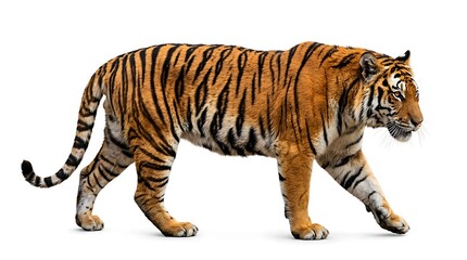 Fototapeta premium Bengal tiger walking on white background side view