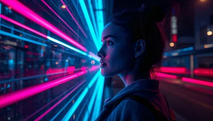 Young woman illuminated by neon light trails in a futuristic city, representing artificial intelligence, digital innovation, speed, and advanced technology. © Curioso.Photography
