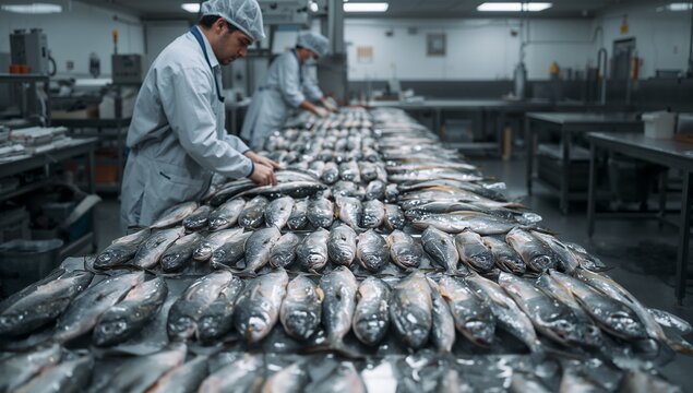 Seafood processing workers sorting fresh fish on a conveyor line in a modern food production factory, showcasing quality control, hygiene, industrial seafood manufacturing, and food safety.