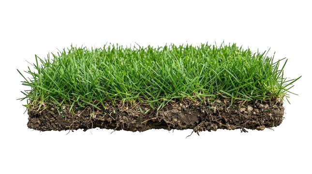 A crosssection of a lush green grass turf with soil isolated on transparent background