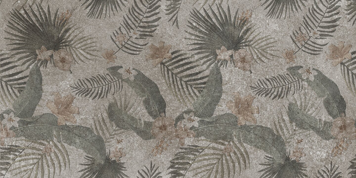 Flowers on the old white wall background, digital wall tiles or wallpaper design