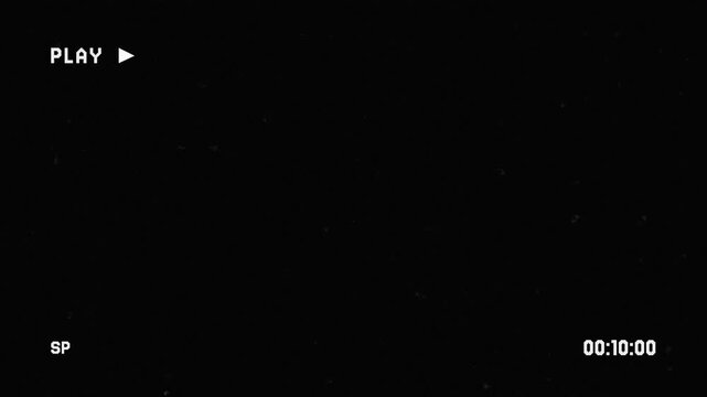 VHS tape play screen overlay with EP mode indicator, timecode counter, and floating analog dust noise on a black background. Retro VHS tape playing overlay with scratches, dust particles. 4K Video