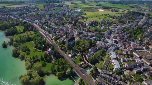Aerial view around the old town of the city Cham, switzerland on a sunny spring morning