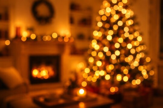 Blurred Christmas tree with glowing golden lights in living room. Fireplace with warm fire interior for holiday celebration. Cozy home atmosphere with shining bokeh for winter festival.