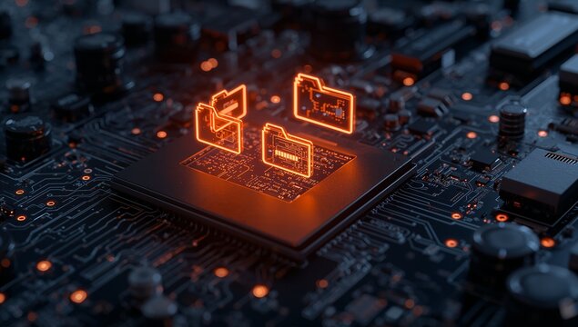 Glowing cloud storage icons emerging from a computer chip on a circuit board, representing cloud computing, data storage, and digital infrastructure.