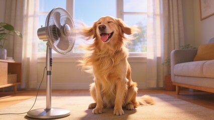Fototapeta na wymiar Golden Retriever enjoying cool air from an electric fan indoors with wind blowing through its fur on a warm day.