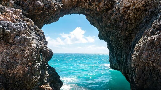 Ocean waves through volcanic rock archways under a bright blue sky seamless loop