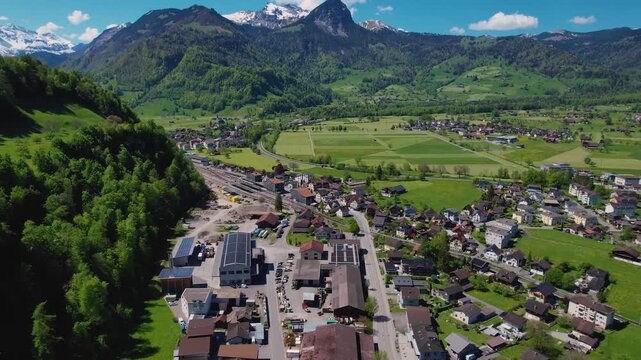 Aerial view around the old town of the city Cham, switzerland on a sunny spring morning