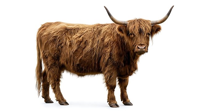 Highland cattle portrait long haired brown cow on white background