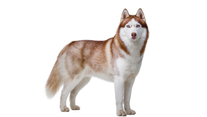 Siberian Husky dog with blue eyes and brown and white fur standing © Jonas