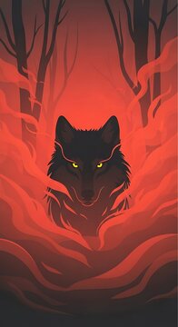 Black wolf portrait vector illustration with fiery red background and silhouetted trees canine predator wildlife