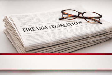 Newspaper stack highlighting firearm legislation with copy space below © dvoevnore
