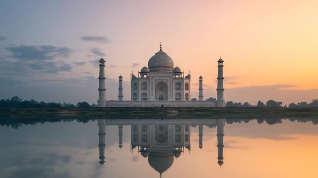 Taj Mahal sunrise to sunset and illuminated at night with reflection in water