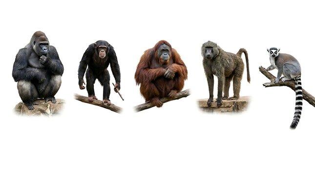 Five primate species gorilla chimpanzee orangutan baboon and lemur
