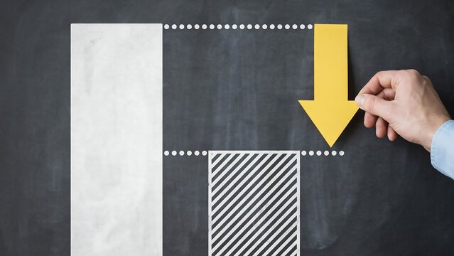Downward Trend on Chalkboard: A hand points a yellow arrow downwards towards a shrinking bar chart on a chalkboard, symbolizing a decline in business or performance.