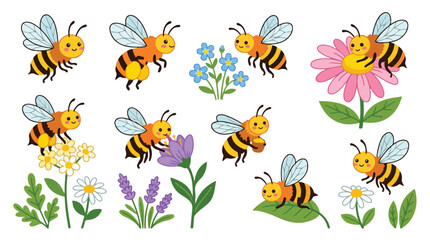 Obraz premium Collection of cute cartoon bees gathering around colorful flowers in a cheerful garden scene