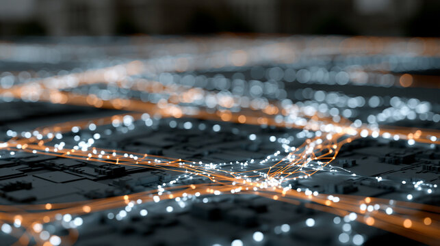 Digital twin visualization of a city power grid displayed as a luminous three-dimensional map, virtual power plant nodes pulsing white while load balancing algorithms reroute