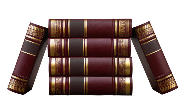 Stack of antique leather-bound books with gold embossed spines